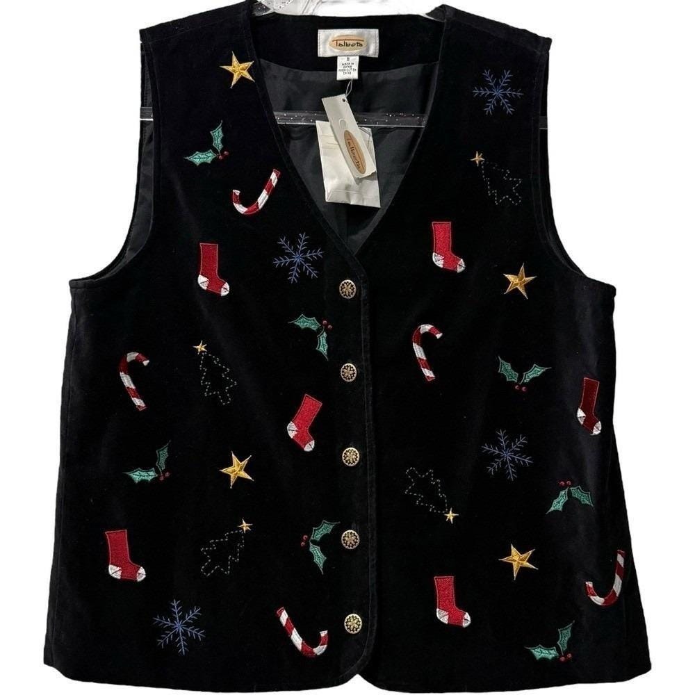 Rare NWT Vintage Talbots Velvet Holiday Vest Black‎ Embroidered 90s Size Small